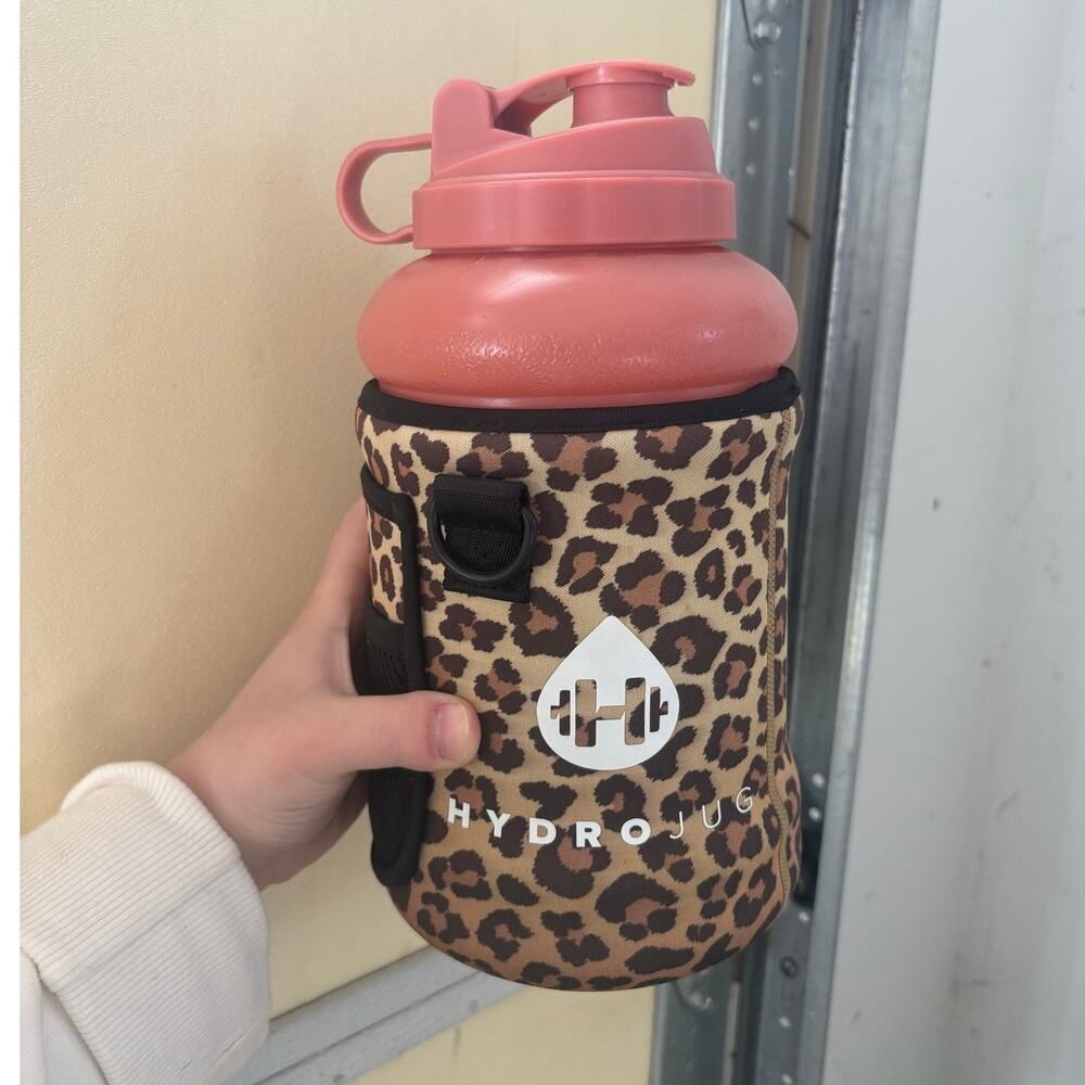 HydroJug water bottle with leopard print carrying sleeve